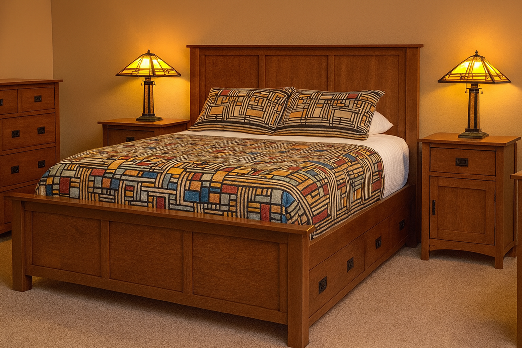 Mission Oak Storage Panel Bed with Three Drawers: MC stain