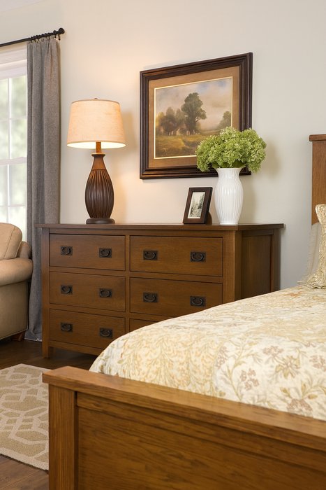 Mission 6 Drawer Oak Dresser - Walnut stain