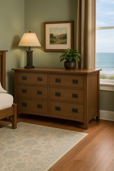 Mission 6 Drawer Oak Dresser - Walnut stain
