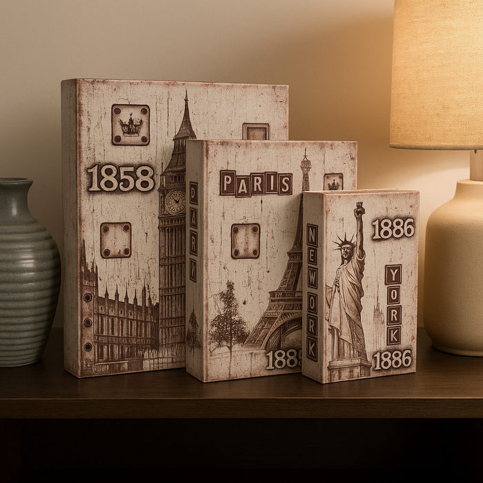 Decorative Book Box Set of 3 – London, Paris & New York | Hidden Storage Keepsake Jewelry Trinket Organizer