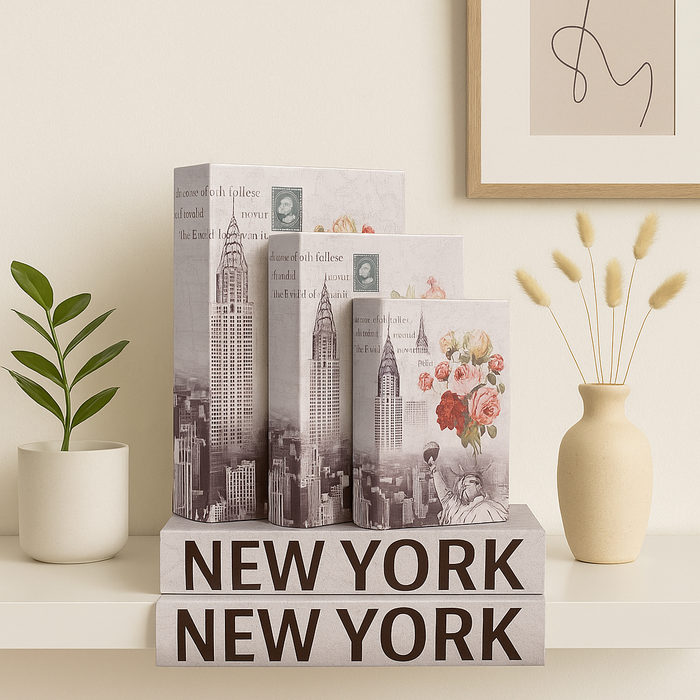 Decorative Book Box Set of 3 – New York City Hidden Storage Case, Faux Leather, Secret Keepsake Organizer
