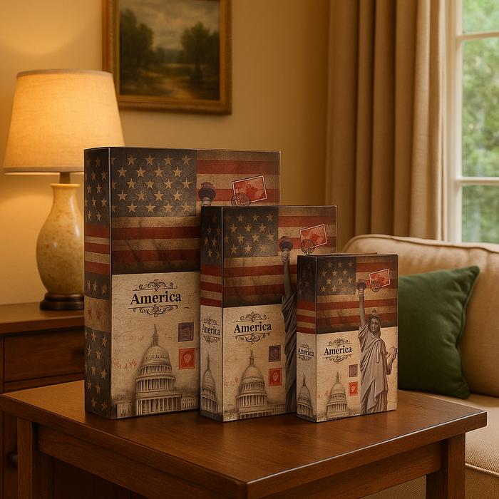 Decorative Book Box Set of 3 – America Flag & Statue of Liberty Hidden Storage, Faux Leather Keepsake Organizer