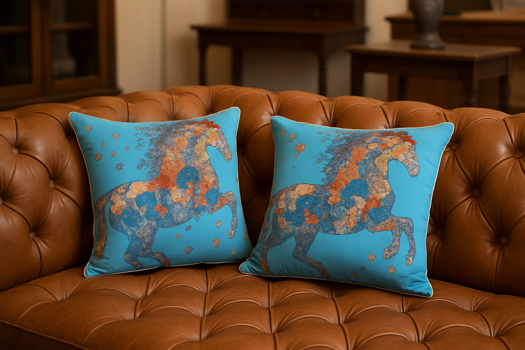 Floral Horse Art Cushion – Turquoise Decorative Throw Pillow