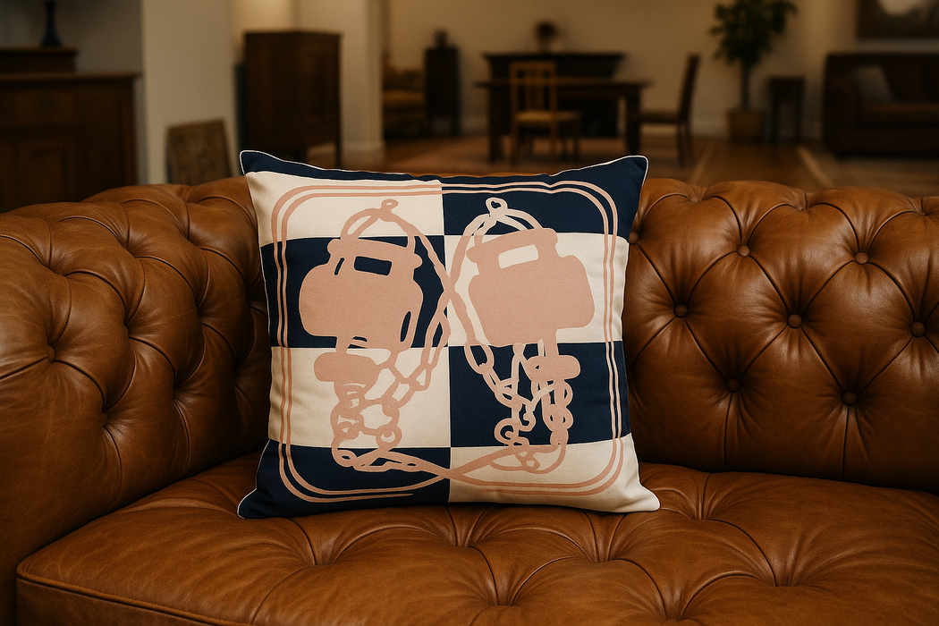 Modern Chain Print Cushion – Navy & Beige