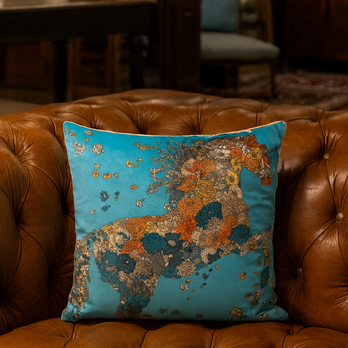 Floral Horse Art Cushion – Turquoise Decorative Throw Pillow