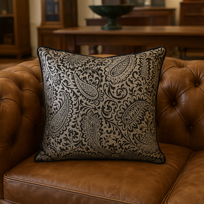 Elegant Grey Damask Cushion with Subtle Piping