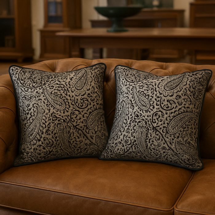 Elegant Grey Damask Cushion with Subtle Piping