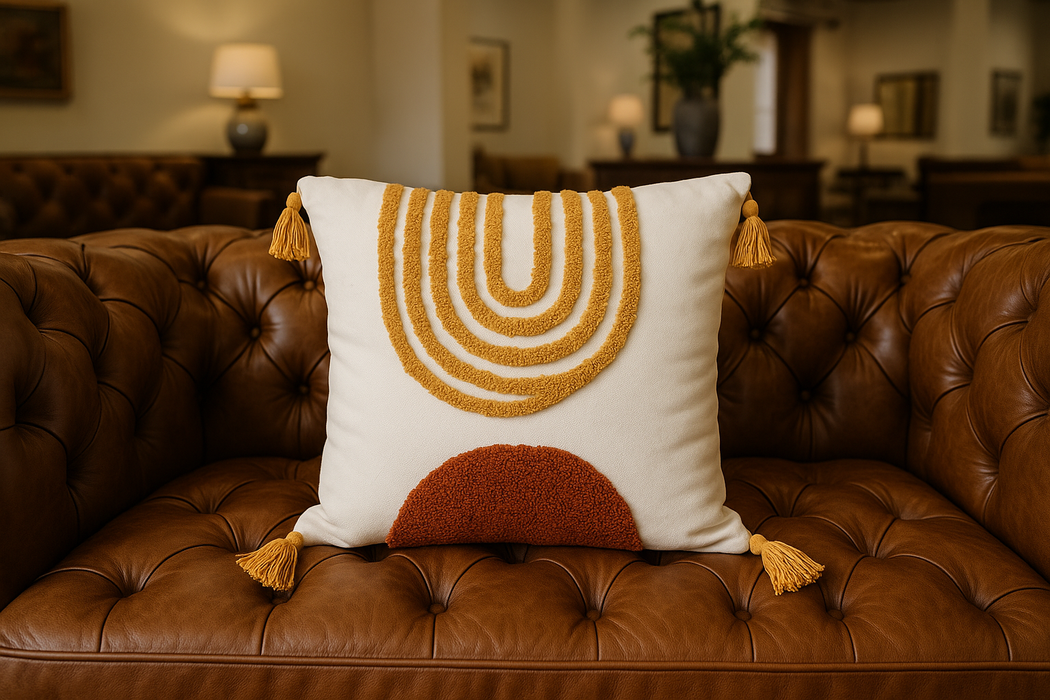 Boho Tufted Cushion with Tassels – Mustard & Rust