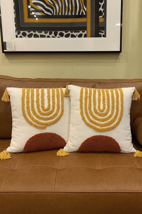 Boho Tufted Cushion with Tassels – Mustard & Rust