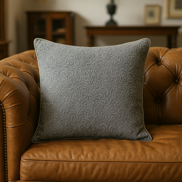 Elegant Grey Damask Decorative Cushion – Soft Quilted Accent Pillow