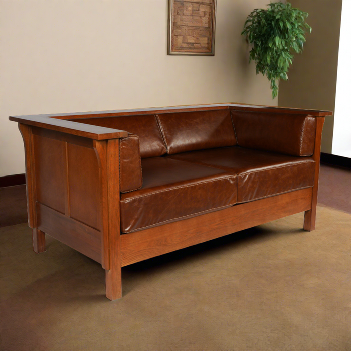 Arts and Crafts / Craftsman Cubic Panel Side Love Seat - Chestnut Brown Leather