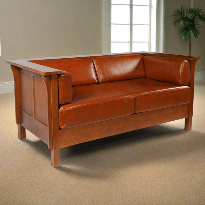 Arts and Crafts / Craftsman Cubic Panel Side Love Seat - Russet Brown Leather (RB2)