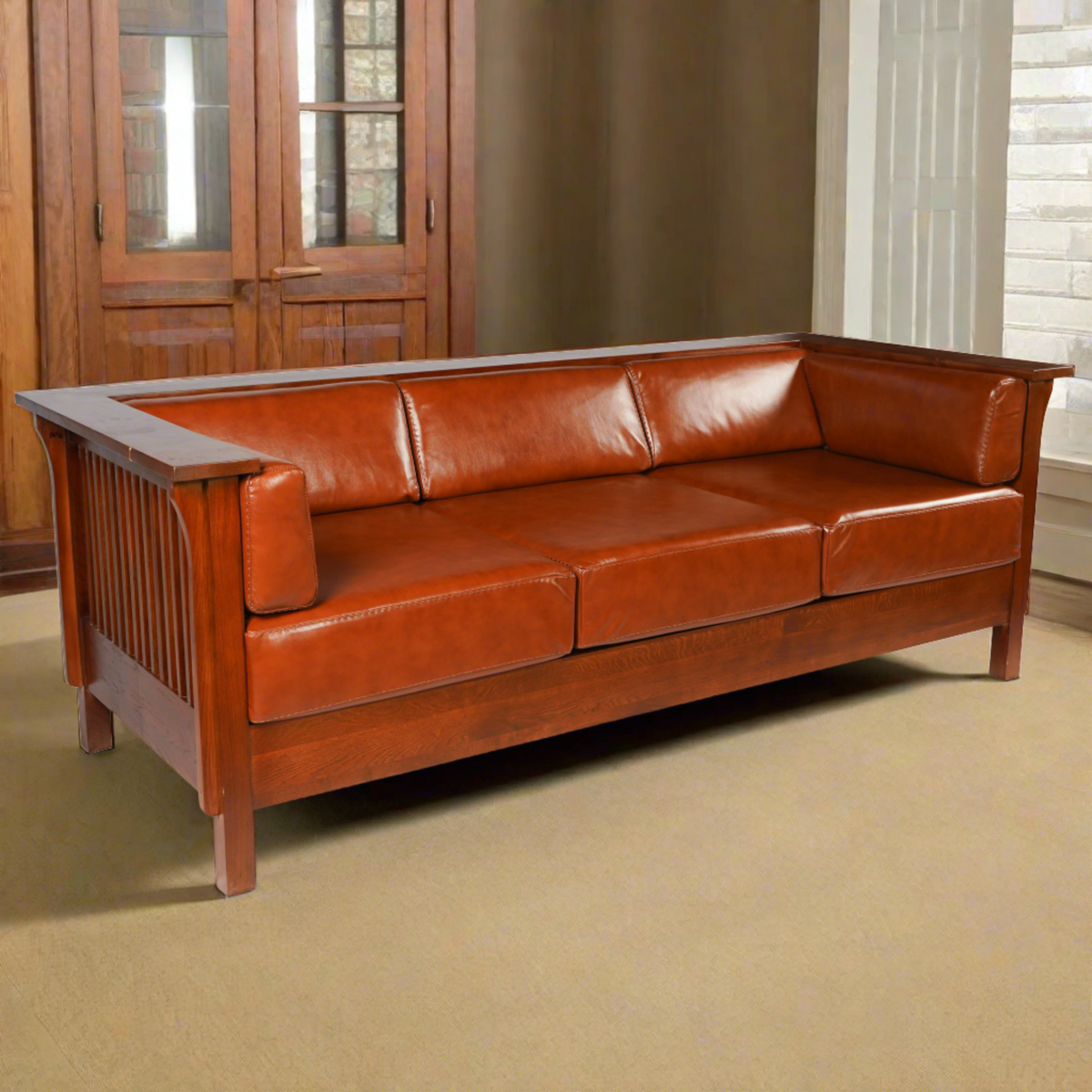 Mission / Craftsman Cubic Slat Side Sofa - Russet Brown Leather