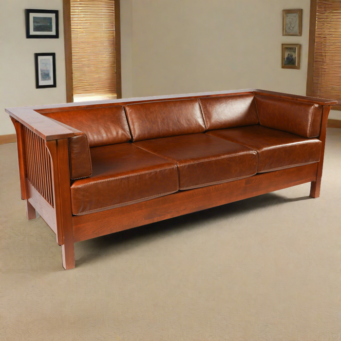 Mission / Craftsman Cubic Slat Side Sofa - Chestnut Brown Leather