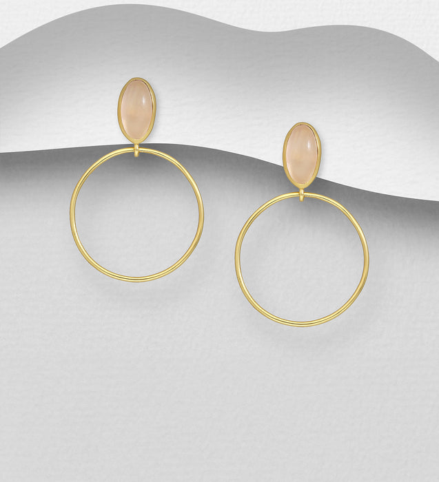 Sterling Silver Push-Back Earrings, Decorated with Rose Quartz, Plated with 0.3 Micron 18K Yellow Gold