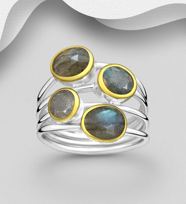 Sterling Silver Ring, Decorated with Labradorite, Plated with 0.3 Micron 18K Yellow Gold