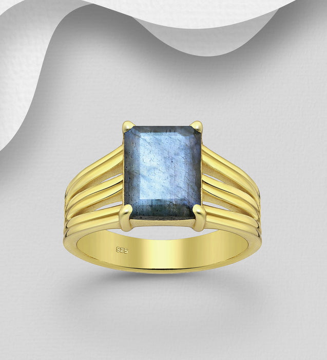 Sterling Silver Ring, Decorated with Labradorite, Plated with 0.3 Micron 18K Yellow Gold