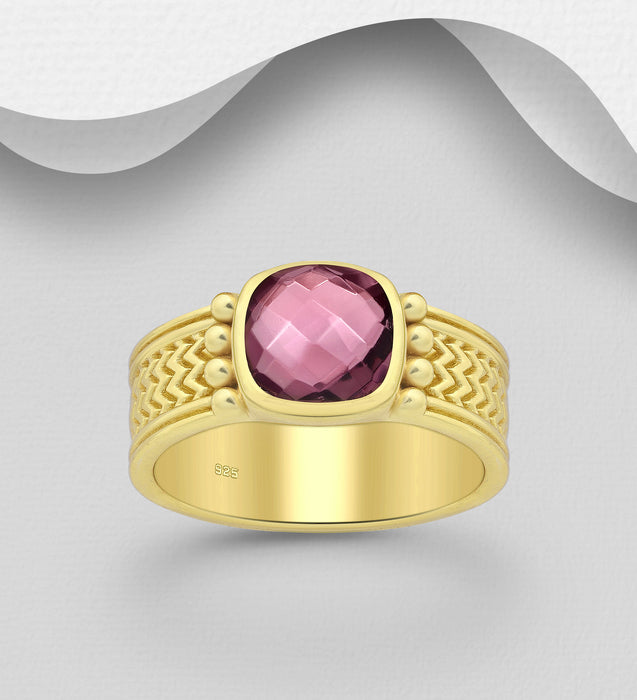Sterling Silver Ring, Decorated with Lab-Created Rhodolite, Plated with 0.3 Micron 18K Yellow Gold