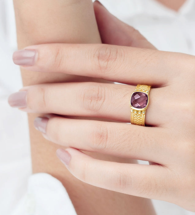 Sterling Silver Ring, Decorated with Lab-Created Rhodolite, Plated with 0.3 Micron 18K Yellow Gold