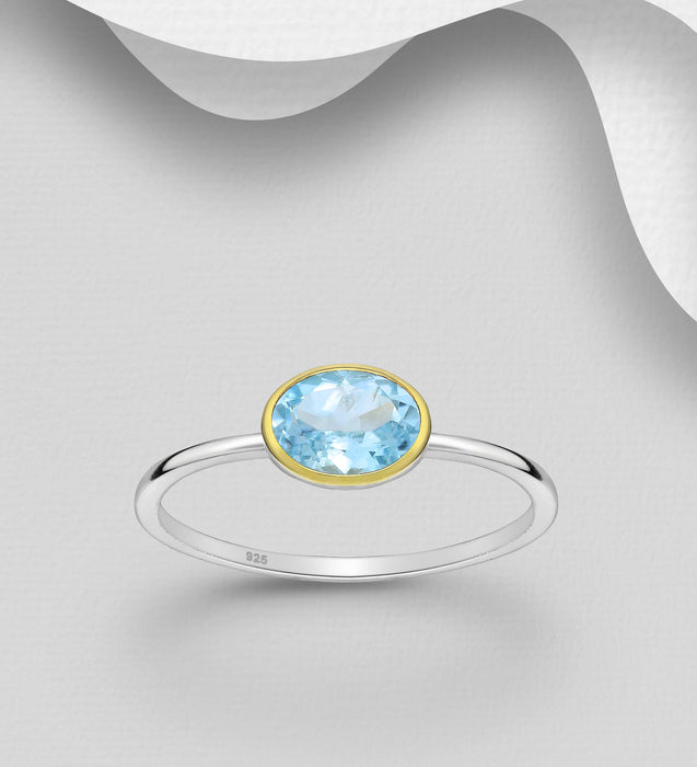 Sterling Silver Solitaire Ring, Decorated with Sky-Blue Topaz, Bezel Plated with 0.3 Micron 18K Yellow Gold