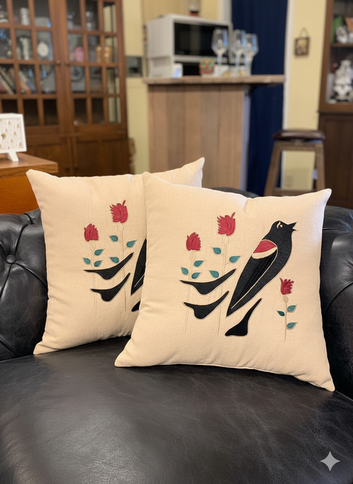 Arts & Crafts Mission-Style Embroidered Cushion / Pillow – Bird & Floral Design