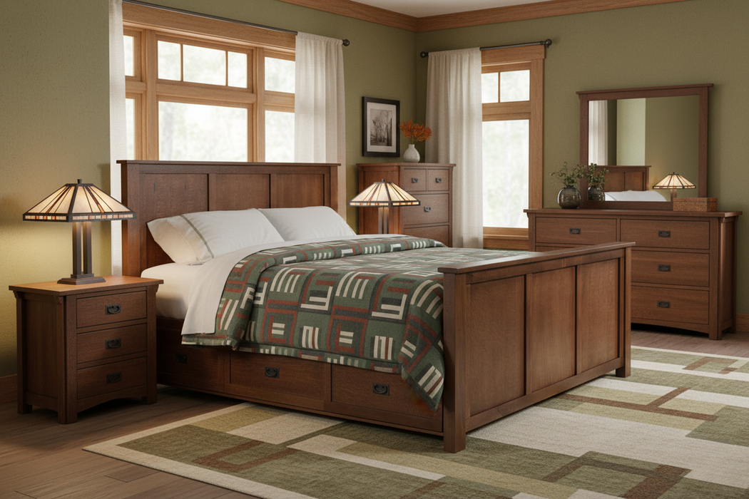 Mission Oak Storage Panel Bed with Three Drawers: Walnut stain