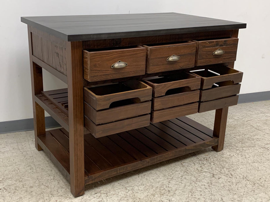 Barlow Crate Kitchen Island with Zinc Top - Rustic Brown