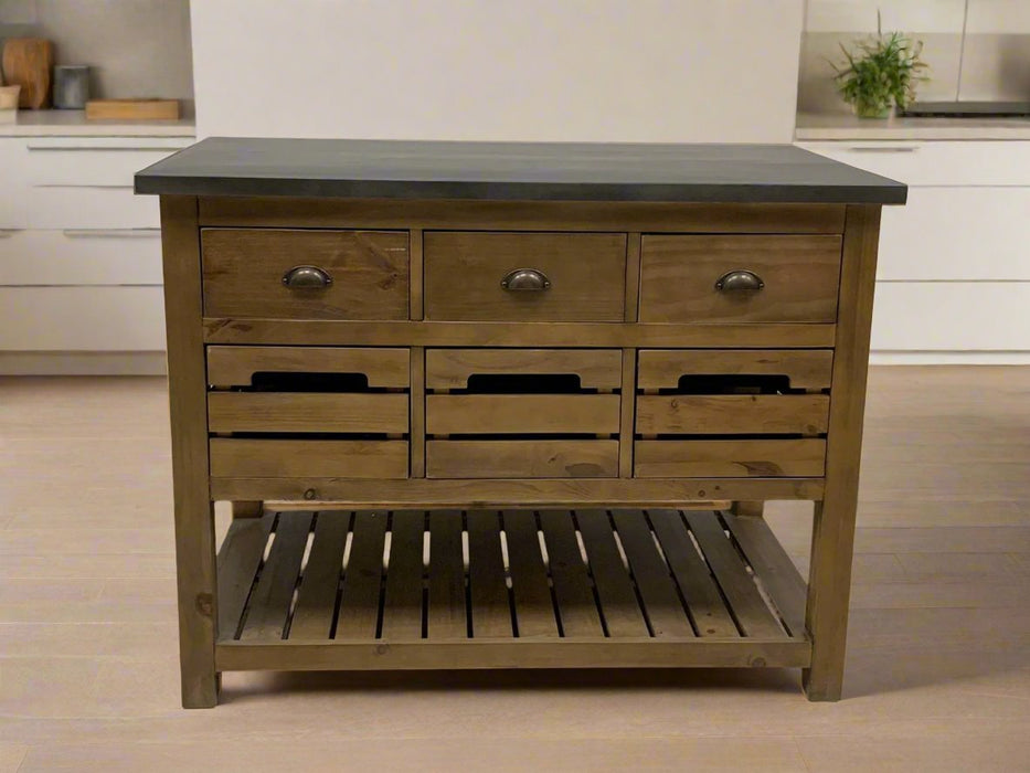 Barlow Crate Kitchen Island - Rustic Pine and Zinc Top