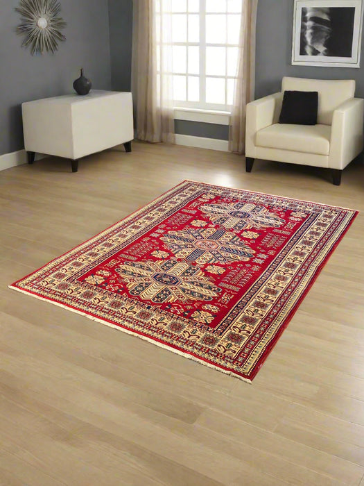 Hand-Knotted Vegetable Dye Kazak Rug from Pakistan, size 4' 7" x 6' 2"