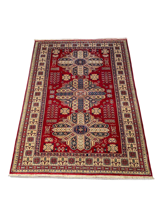 Hand-Knotted Vegetable Dye Kazak Rug from Pakistan, size 4' 7" x 6' 2"