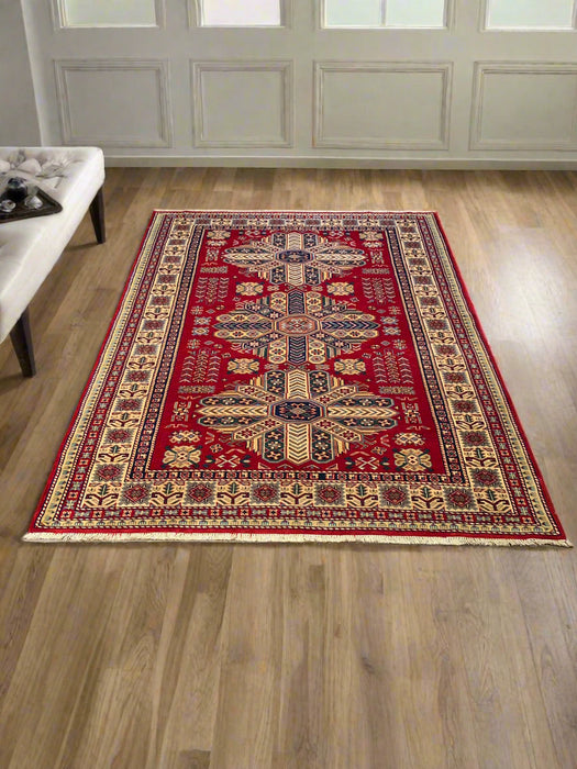 Hand-Knotted Vegetable Dye Kazak Rug from Pakistan, size 4' 7" x 6' 2"