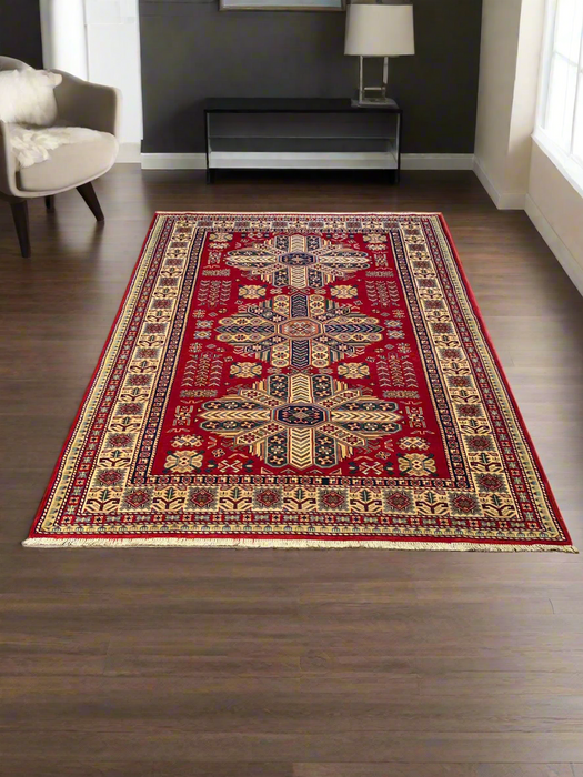 Hand-Knotted Vegetable Dye Kazak Rug from Pakistan, size 4' 7" x 6' 2"