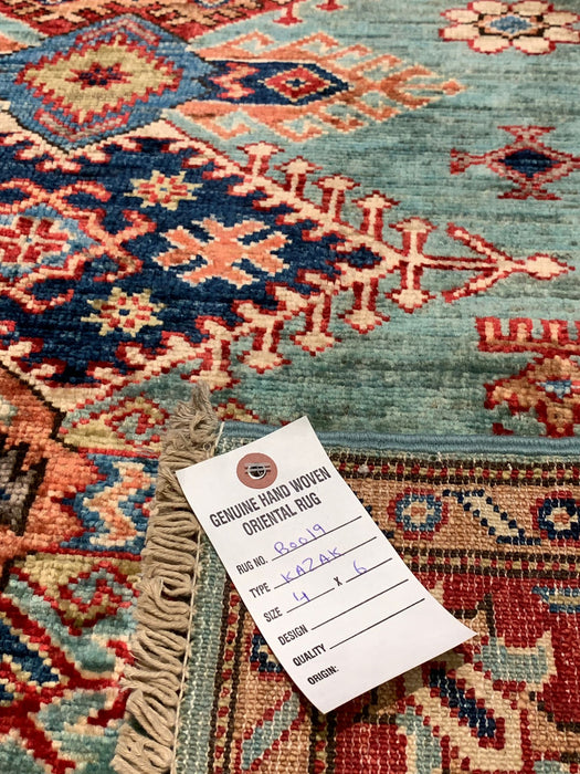 Hand-Knotted Vegetable Dye Kazak Rug from Pakistan, size 4' x 6'