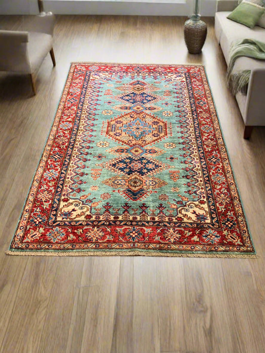 Hand-Knotted Vegetable Dye Kazak Rug from Pakistan, size 4' x 6'