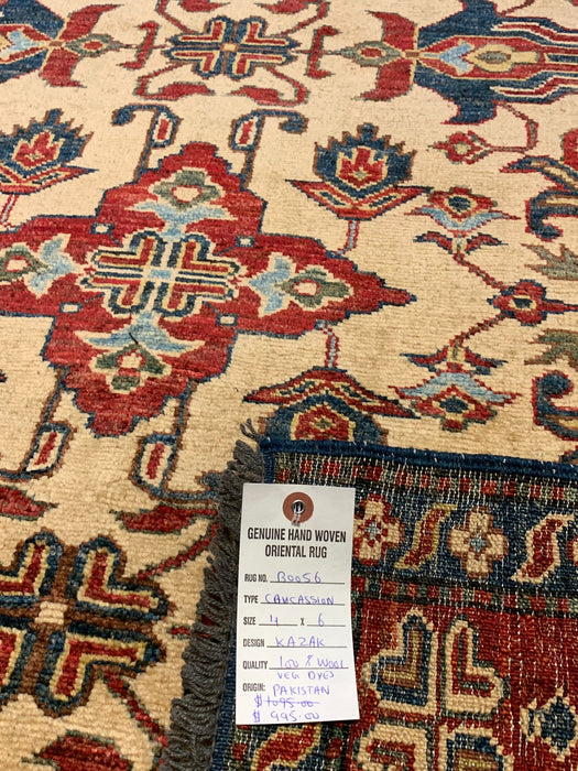 Hand-Knotted Vegetable Dye Kazak Rug from Pakistan, size 4' x 6'