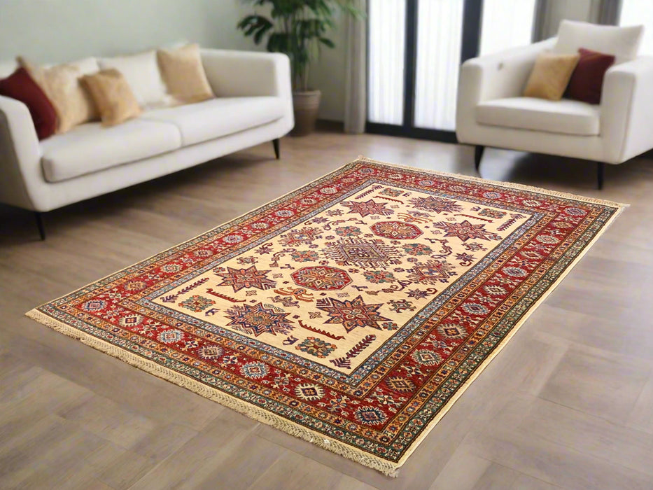Hand-Knotted Vegetable Dye Kazak Rug from Pakistan, size 4' 11" x 7' 3"
