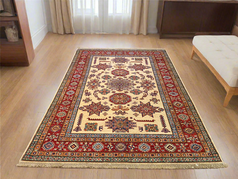 Hand-Knotted Vegetable Dye Kazak Rug from Pakistan, size 4' 11" x 7' 3"
