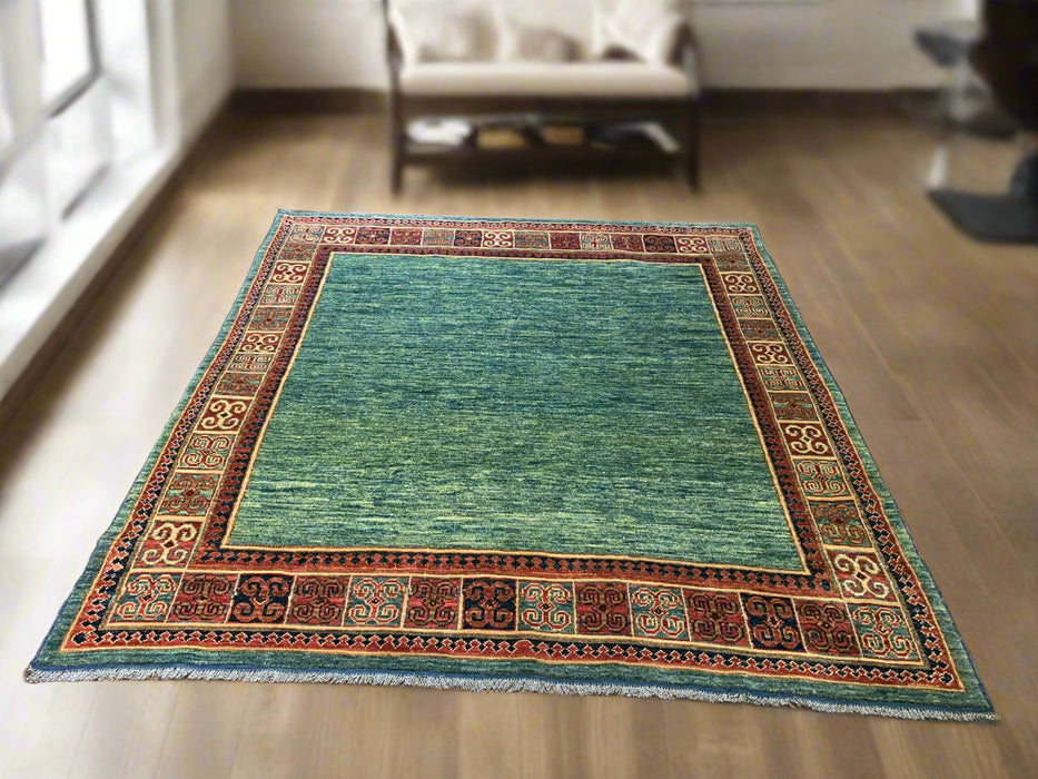 Hand-Knotted Vegetable Dye Kazak Rug from Pakistan, size 4' 7" x 6' 10"