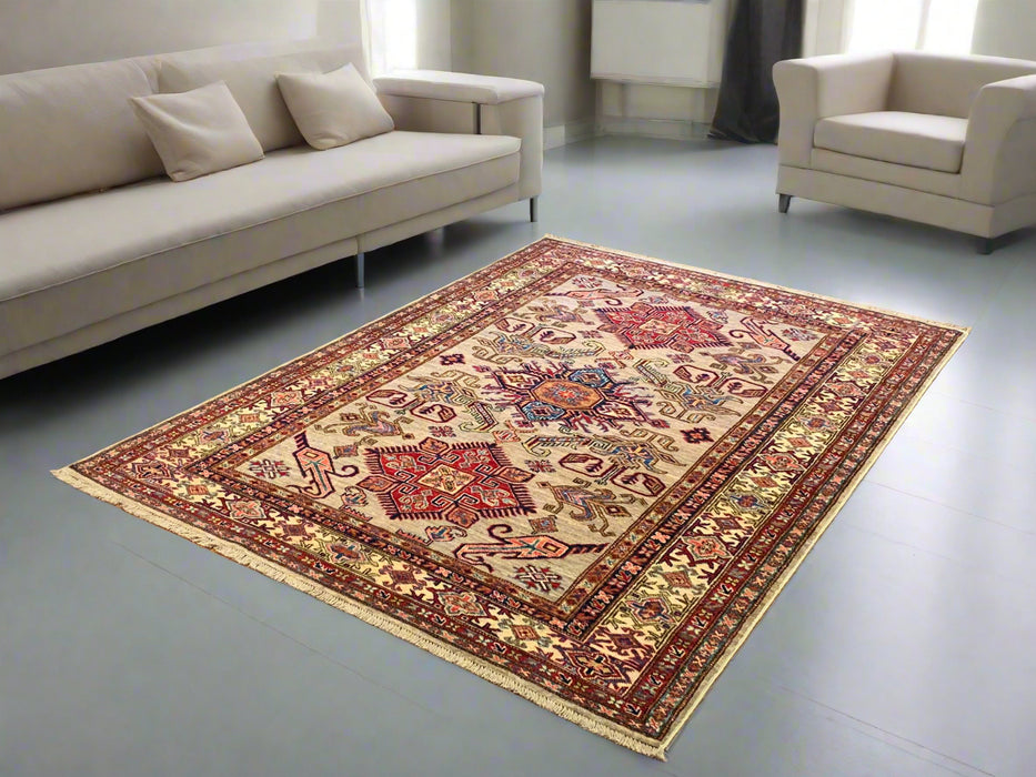 Hand-Knotted Vegetable Dye Kazak Rug from Pakistan, size 5" x 6' 8"