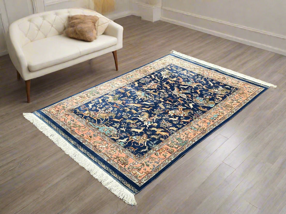 Exquisite 100% Silk Persian Design Rug – Elegant and Luxurious, size 4" x 6" (H)