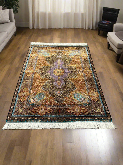 Exquisite 100% Silk Persian Design Rug – Elegant and Luxurious, size 4" x 6" (H)