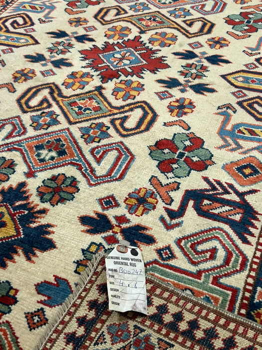 Hand-Knotted Vegetable Dye Kazak Rug from Pakistan, size 4" x 6"