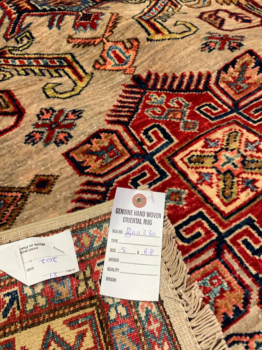 Hand-Knotted Vegetable Dye Kazak Rug from Pakistan, size 5" x 6' 8"