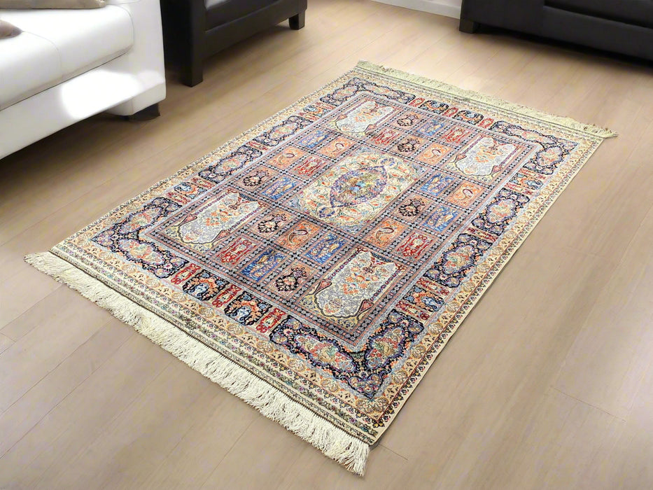 Hand-Knotted Pakistan Kashmiri Silk Wool Blend Rug, size 4" x 6" (E)