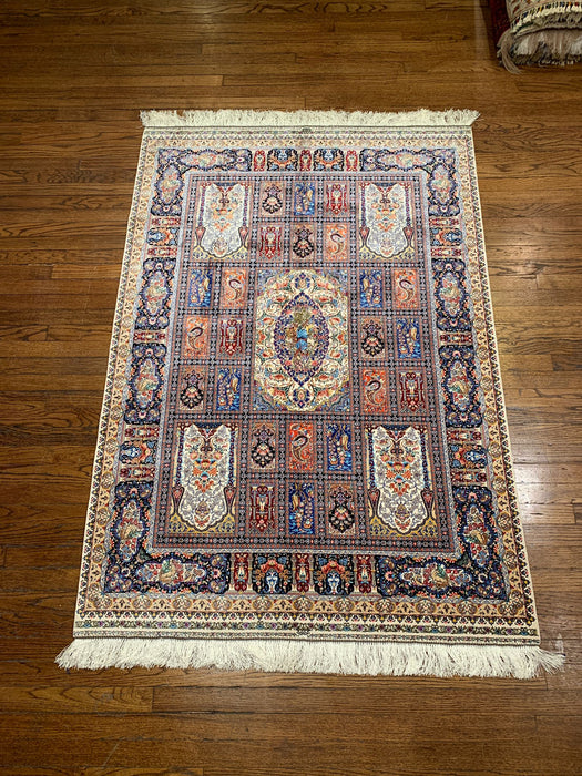 Hand-Knotted Pakistan Kashmiri Silk Wool Blend Rug, size 4" x 6" (E)