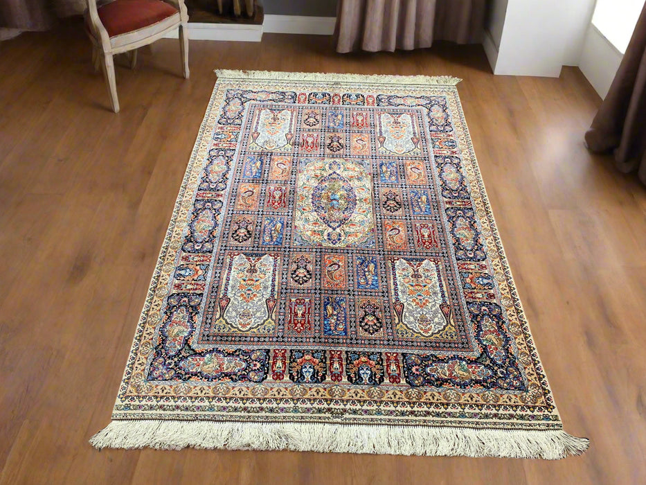 Hand-Knotted Pakistan Kashmiri Silk Wool Blend Rug, size 4" x 6" (E)