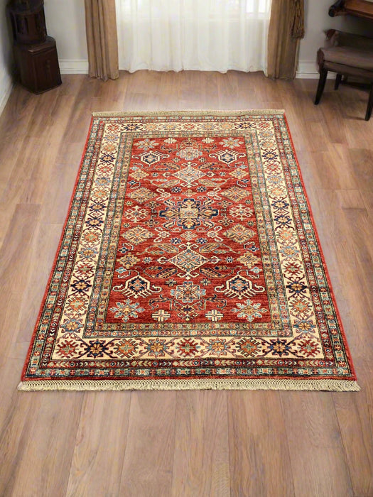 Hand-Knotted Vegetable Dye Kazak Rug from Pakistan, size 4" x 5' 7"