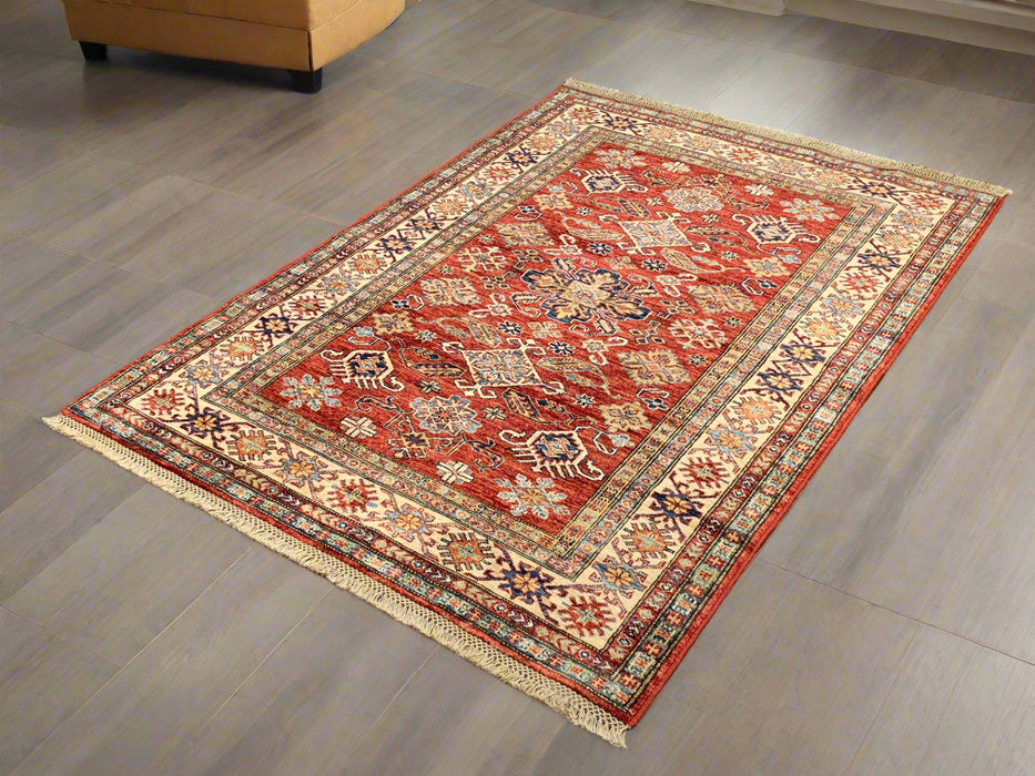Hand-Knotted Vegetable Dye Kazak Rug from Pakistan, size 4" x 5' 7"