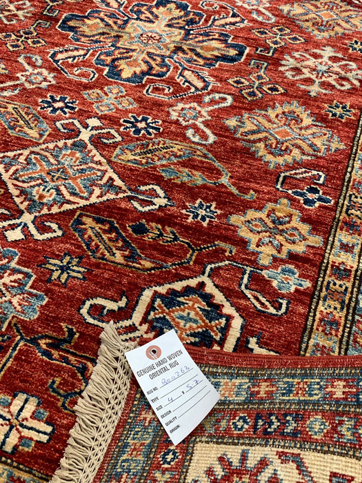 Hand-Knotted Vegetable Dye Kazak Rug from Pakistan, size 4" x 5' 7"