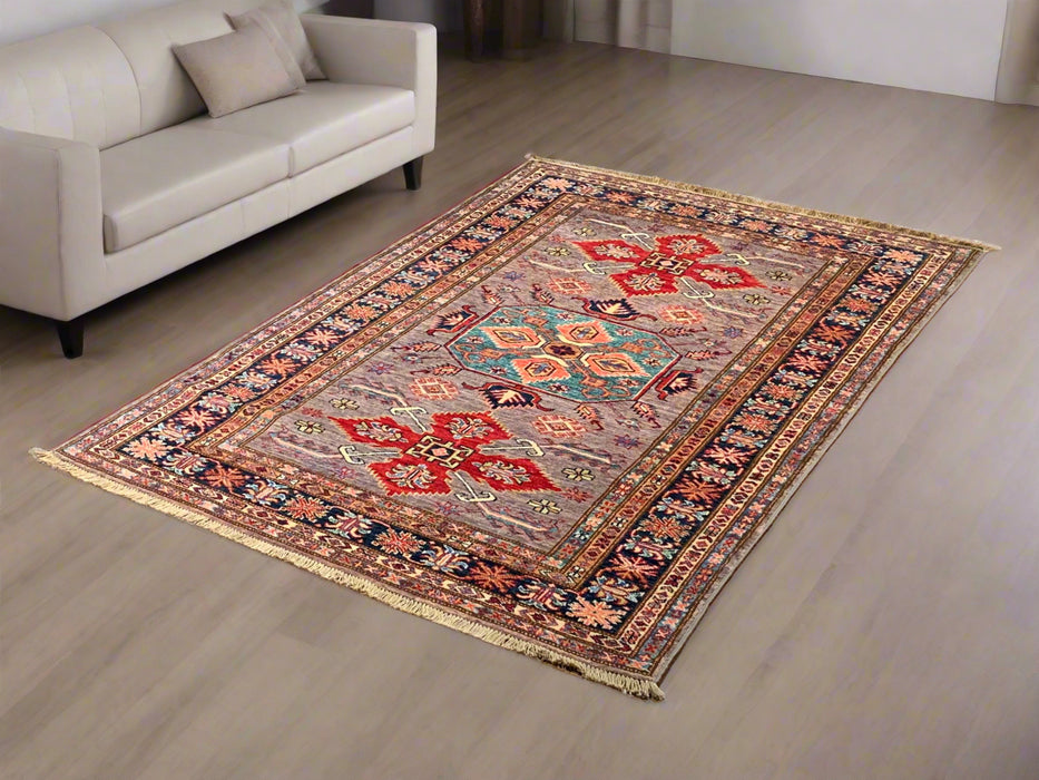Hand-Knotted Vegetable Dye Kazak Rug from Pakistan, size 4" x 5' 6"